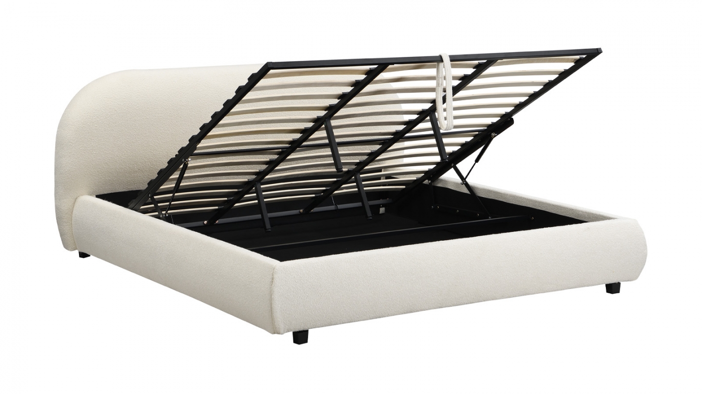 Lit coffre 180x200 cm avec tête de lit matelassée en tissu bouclé beige - Madisson