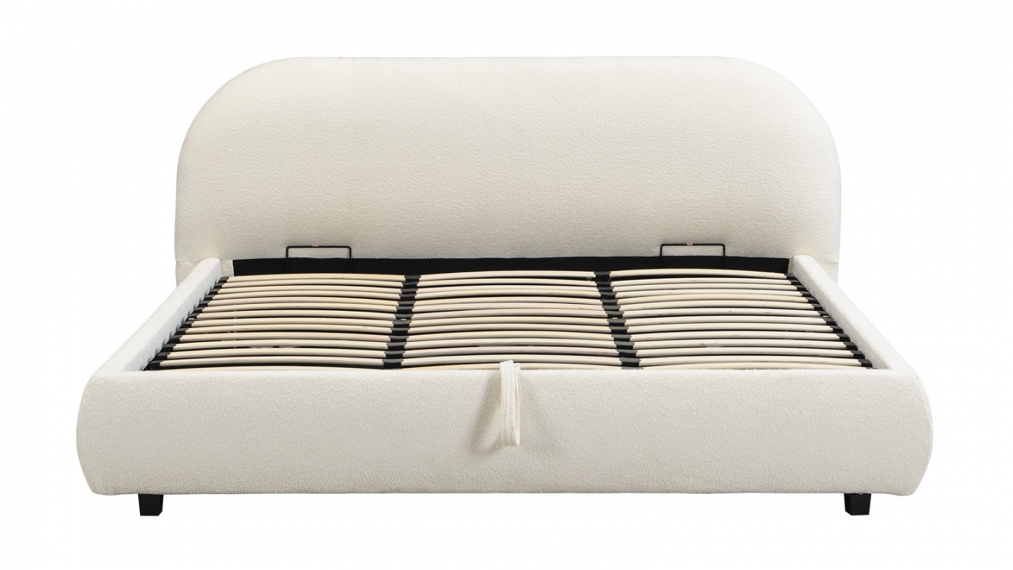 Lit coffre 180x200 cm avec tête de lit matelassée en tissu bouclé beige - Madisson