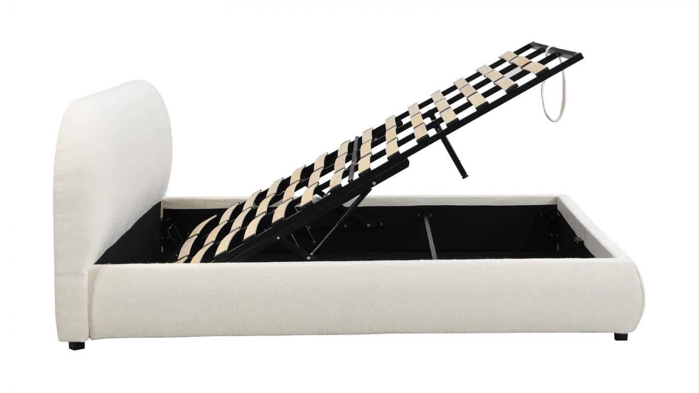 Lit coffre 180x200 cm avec tête de lit matelassée en tissu bouclé beige - Madisson