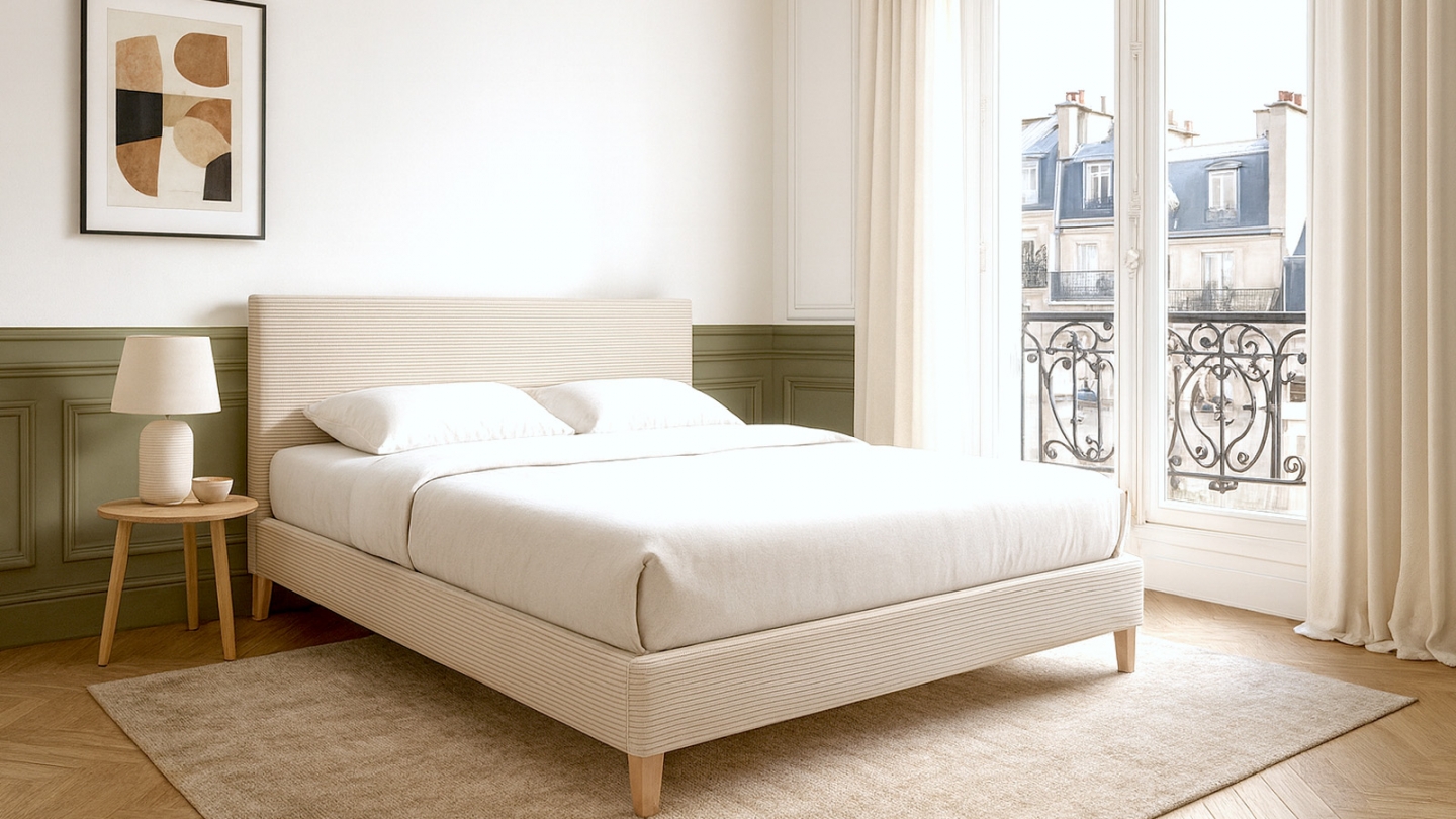 Lit adulte 160x200 cm avec tête de lit capitonnée en velours côtelé beige - Milo