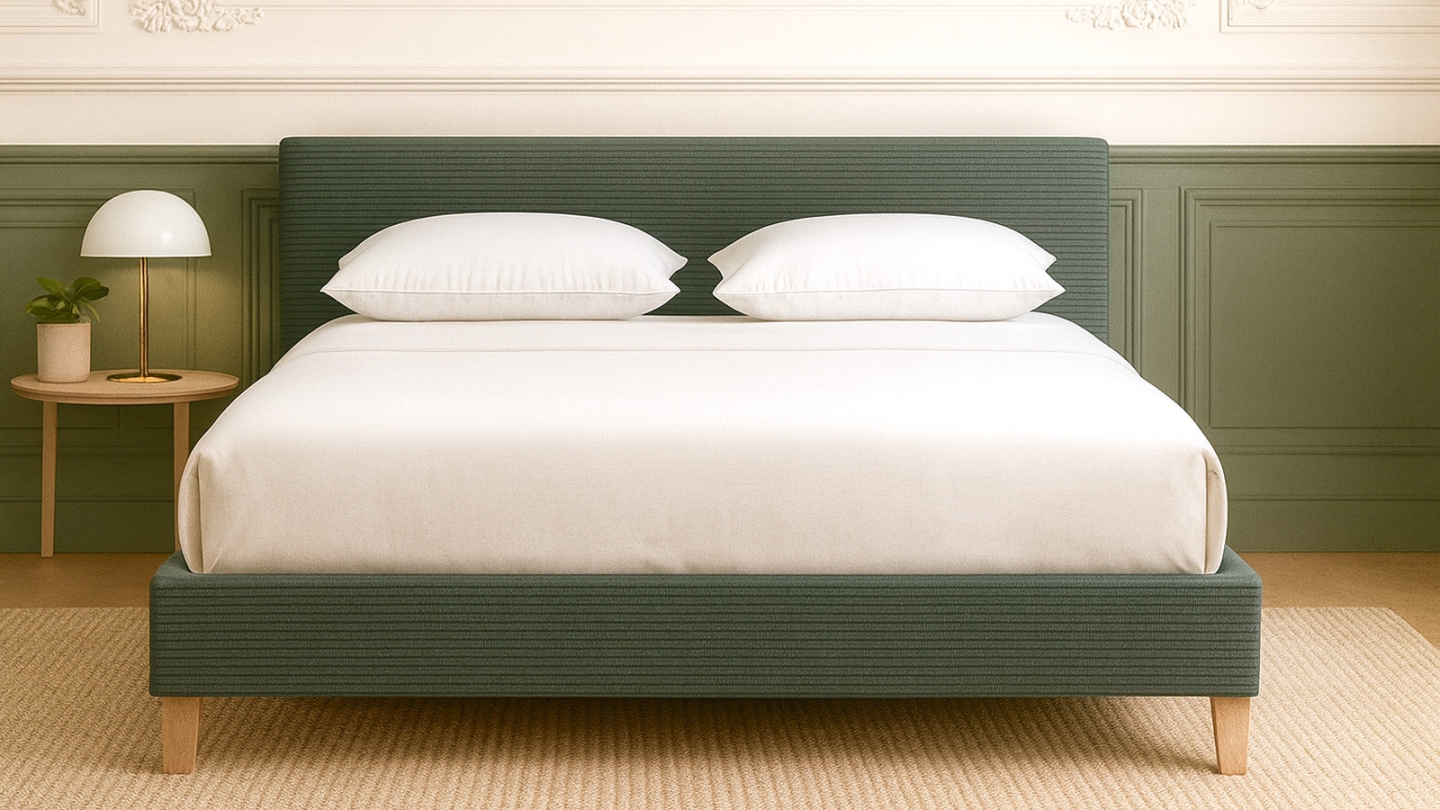 Lit adulte 160x200 cm avec tête de lit capitonnée en velours côtelé vert kaki - Milo