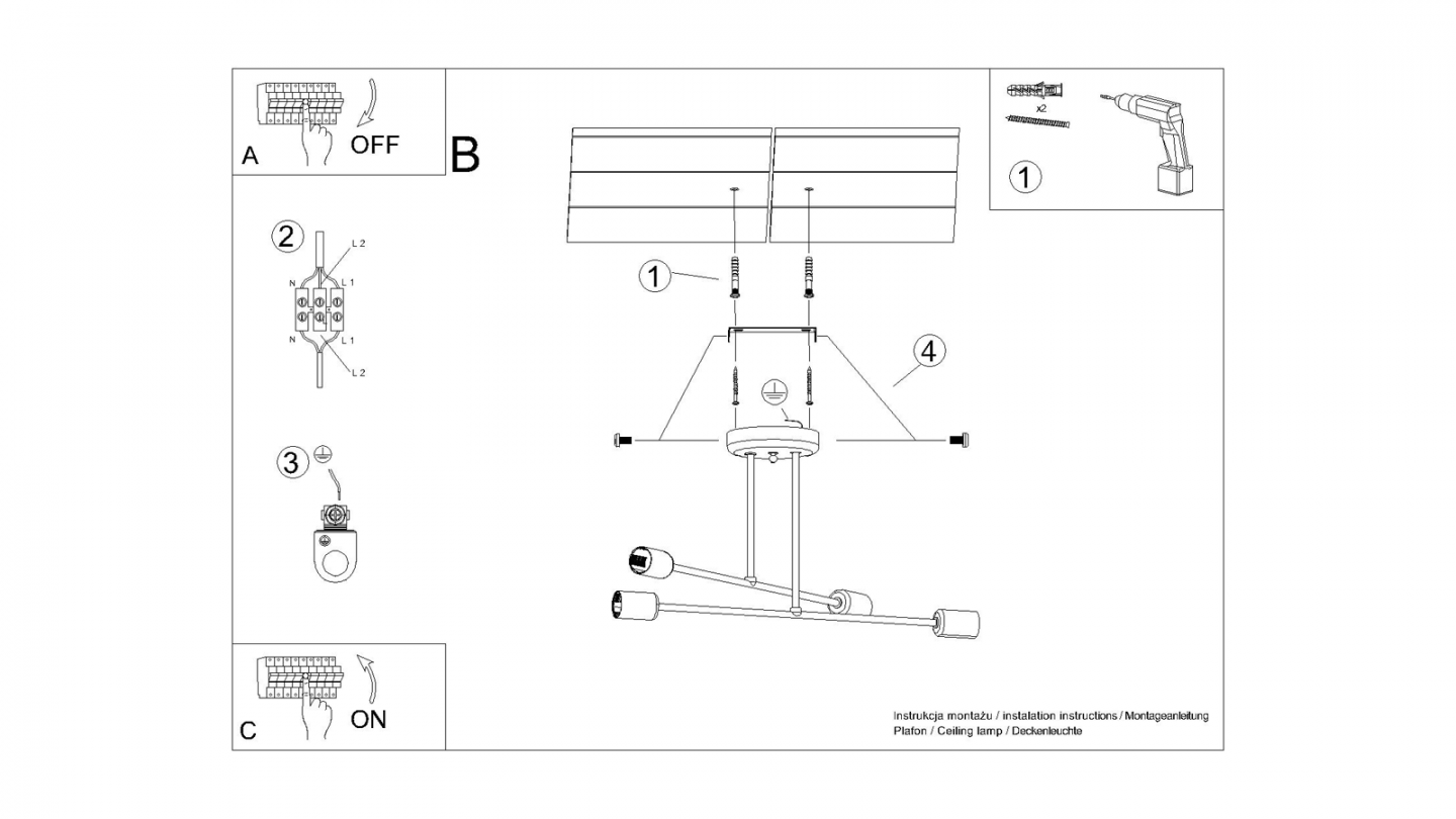 Suspension géométrique en métal noir 4 ampoules - Norah