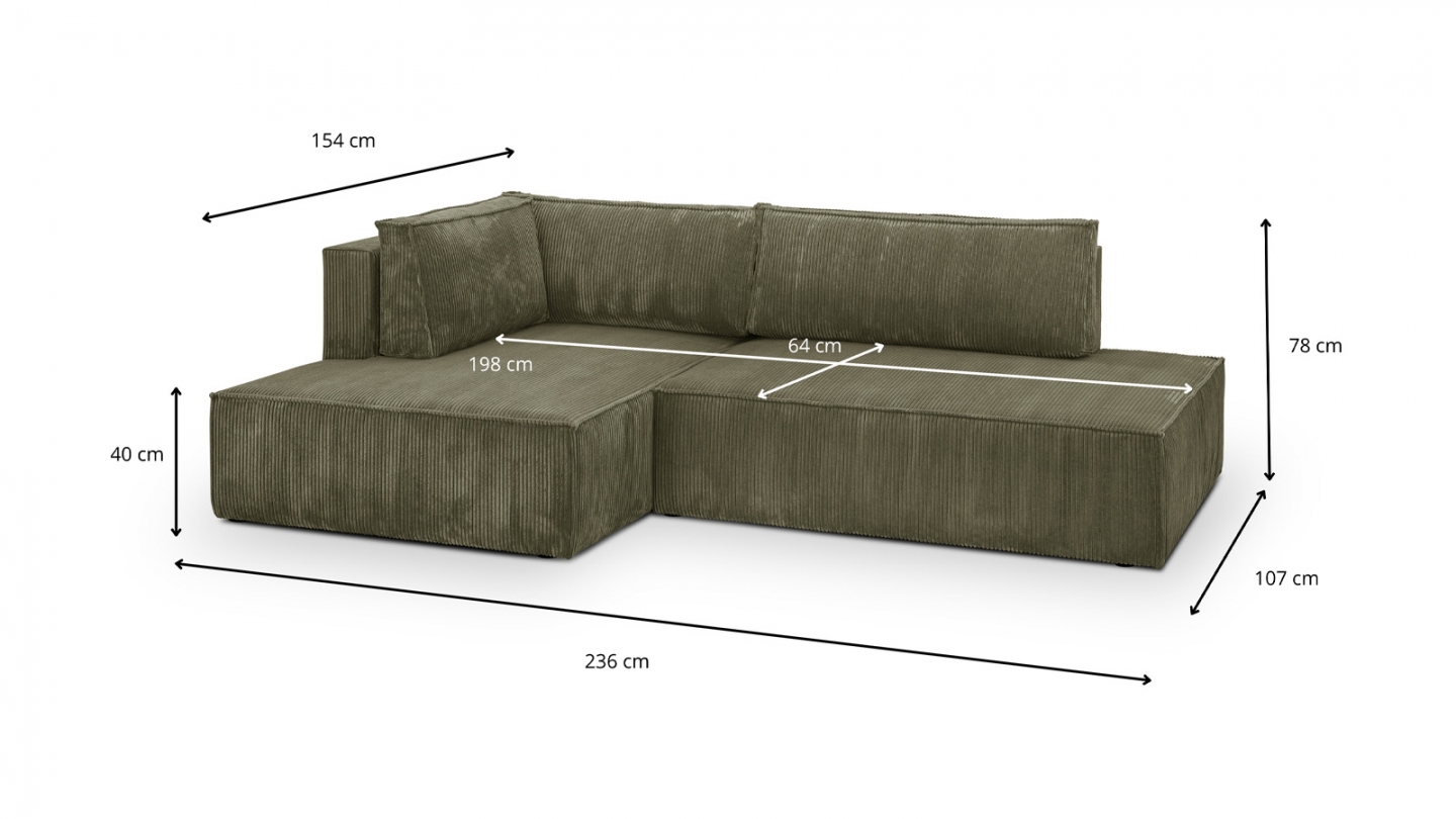 Canapé d'angle à gauche convertible 3 places avec coffre de rangement en velours côtelé vert kaki - Barani