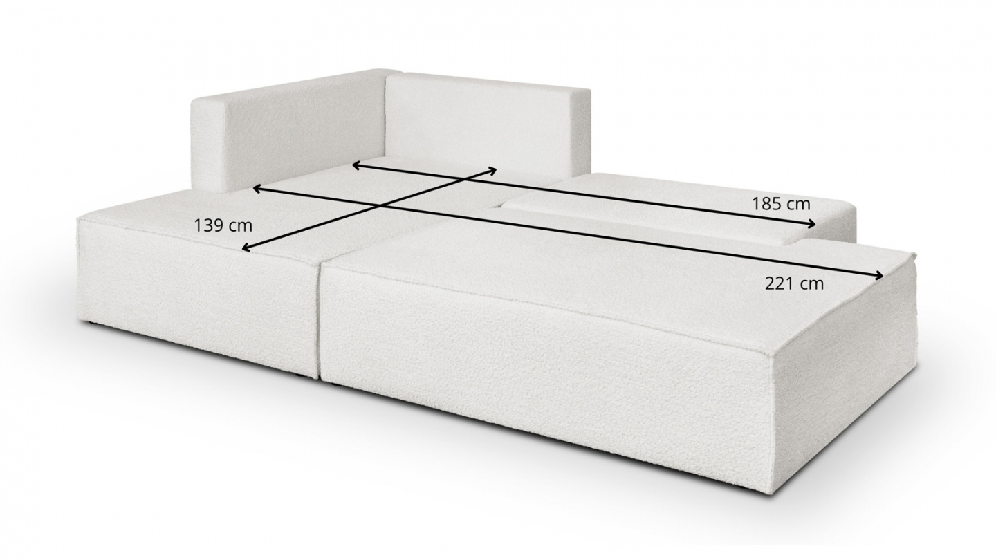 Canapé d'angle à gauche convertible 3 places avec coffre de rangement en tissu bouclé écru - Barani