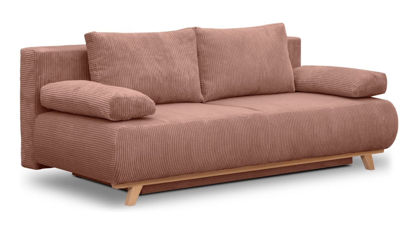 Canapé convertible 3 places avec coffre de rangement en velours côtelé rose pâle - Laria New