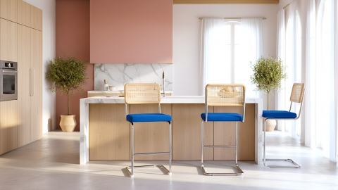 Lot de 2 tabourets de bar en velours côtelé bleu électrique et cannage - Muse