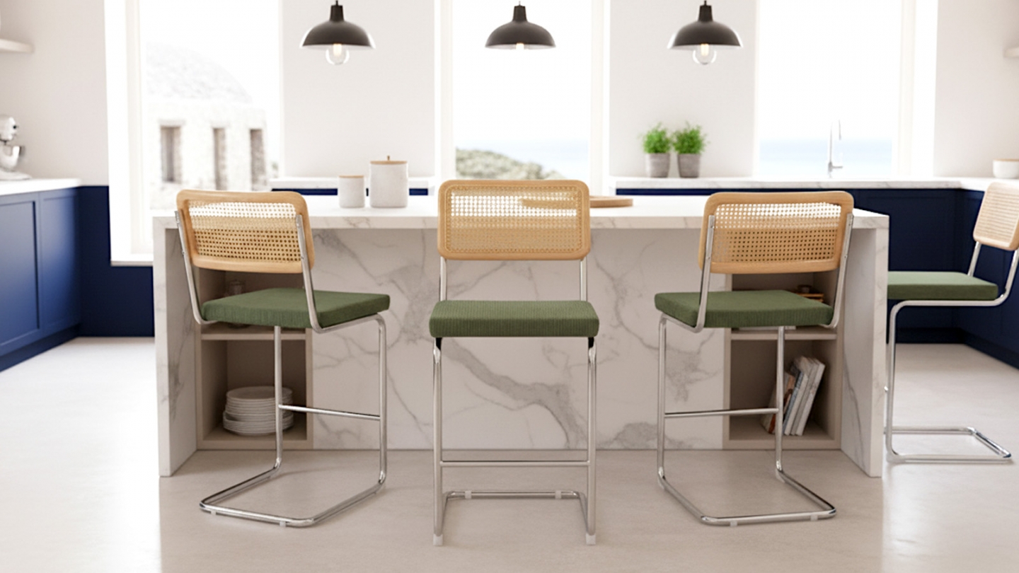 Lot de 2 tabourets de bar en velours côtelé vert kaki et cannage - Muse Lot de 2 tabourets de bar en velours côtelé vert kaki et cannage - Muse