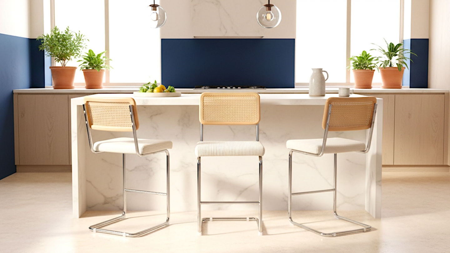 Lot de 2 tabourets de bar en velours côtelé beige et cannage - Muse Lot de 2 tabourets de bar en velours côtelé beige et cannage - Muse