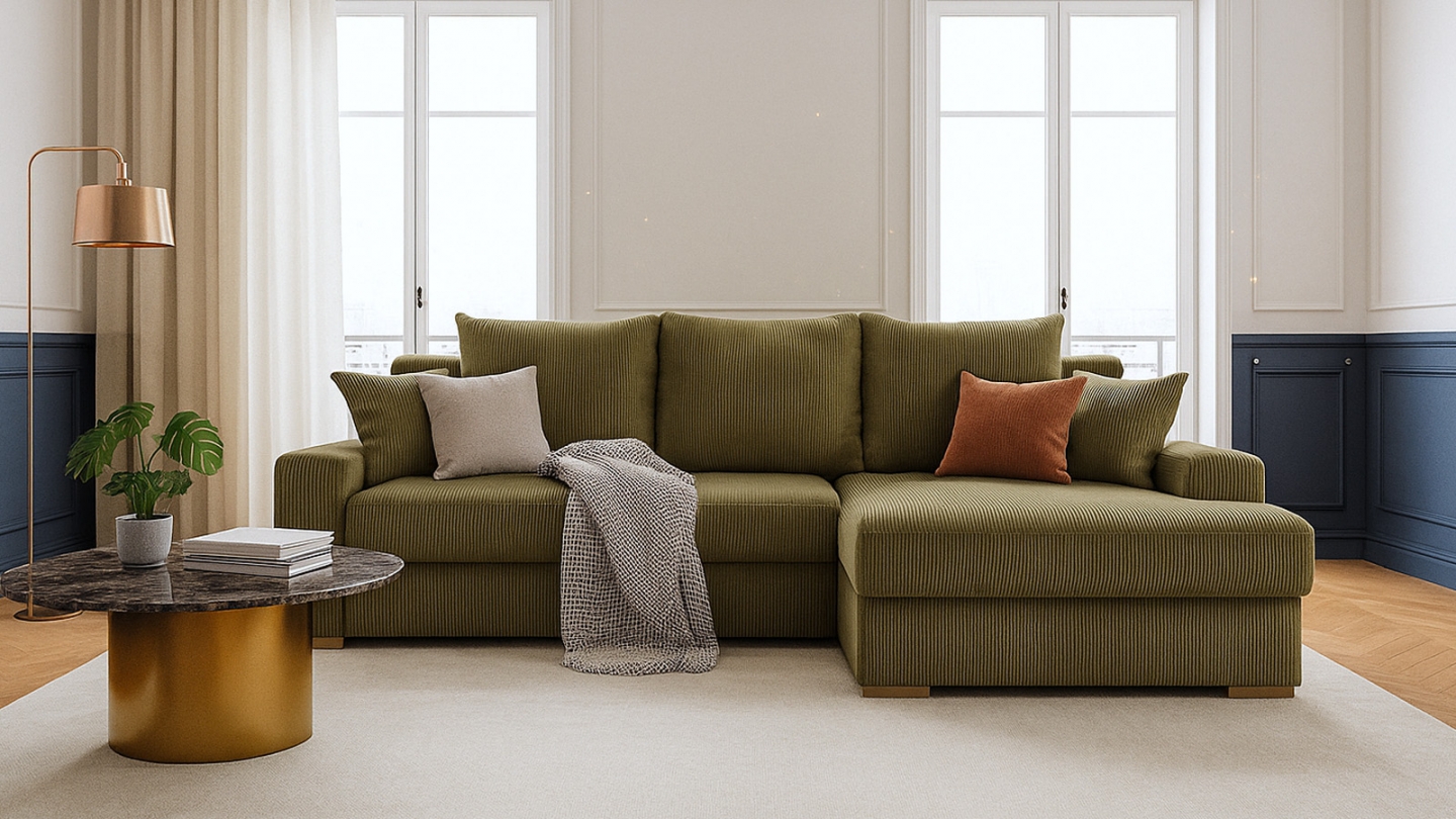 Canapé d'angle à droite convertible 3/4 places en velours côtelé vert kaki - Nyssa Canapé d'angle à droite convertible 3/4 places en velours côtelé vert kaki - Nyssa