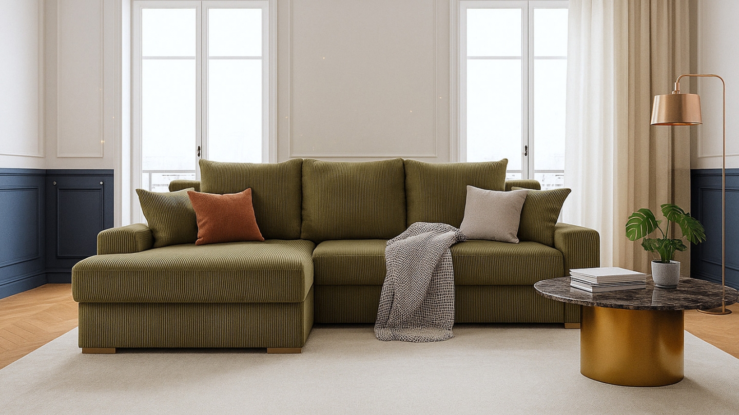 Canapé d'angle à gauche convertible 3/4 places en velours côtelé vert kaki - Nyssa Canapé d'angle à gauche convertible 3/4 places en velours côtelé vert kaki - Nyssa
