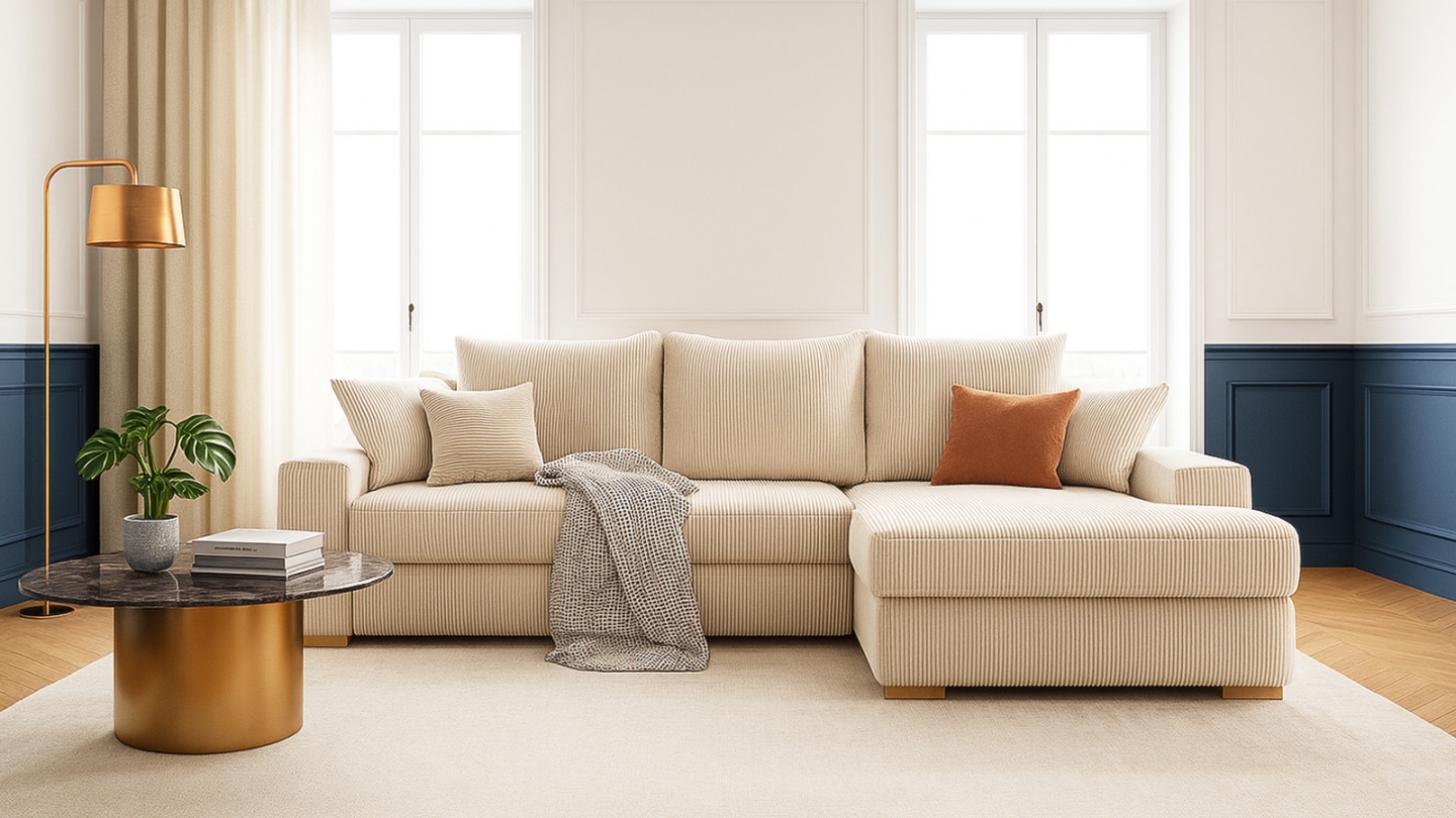 Canapé d'angle à droite convertible 3/4 places en velours côtelé beige - Nyssa