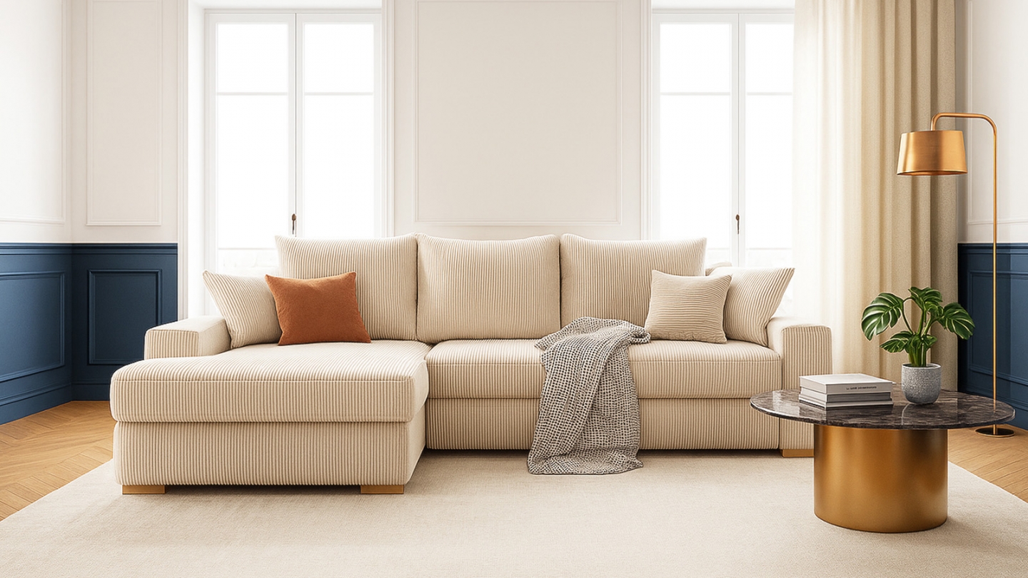 Canapé d'angle à gauche convertible 3/4 places en velours côtelé beige - Nyssa Canapé d'angle à gauche convertible 3/4 places en velours côtelé beige - Nyssa