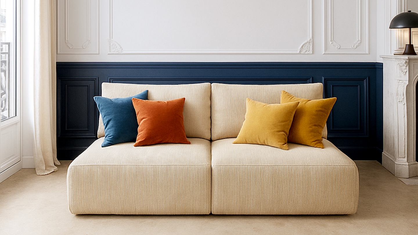 Canapé convertible 3 places avec coffre de rangement en velours côtelé beige - Jasper Canapé convertible 3 places avec coffre de rangement en velours côtelé beige - Jasper