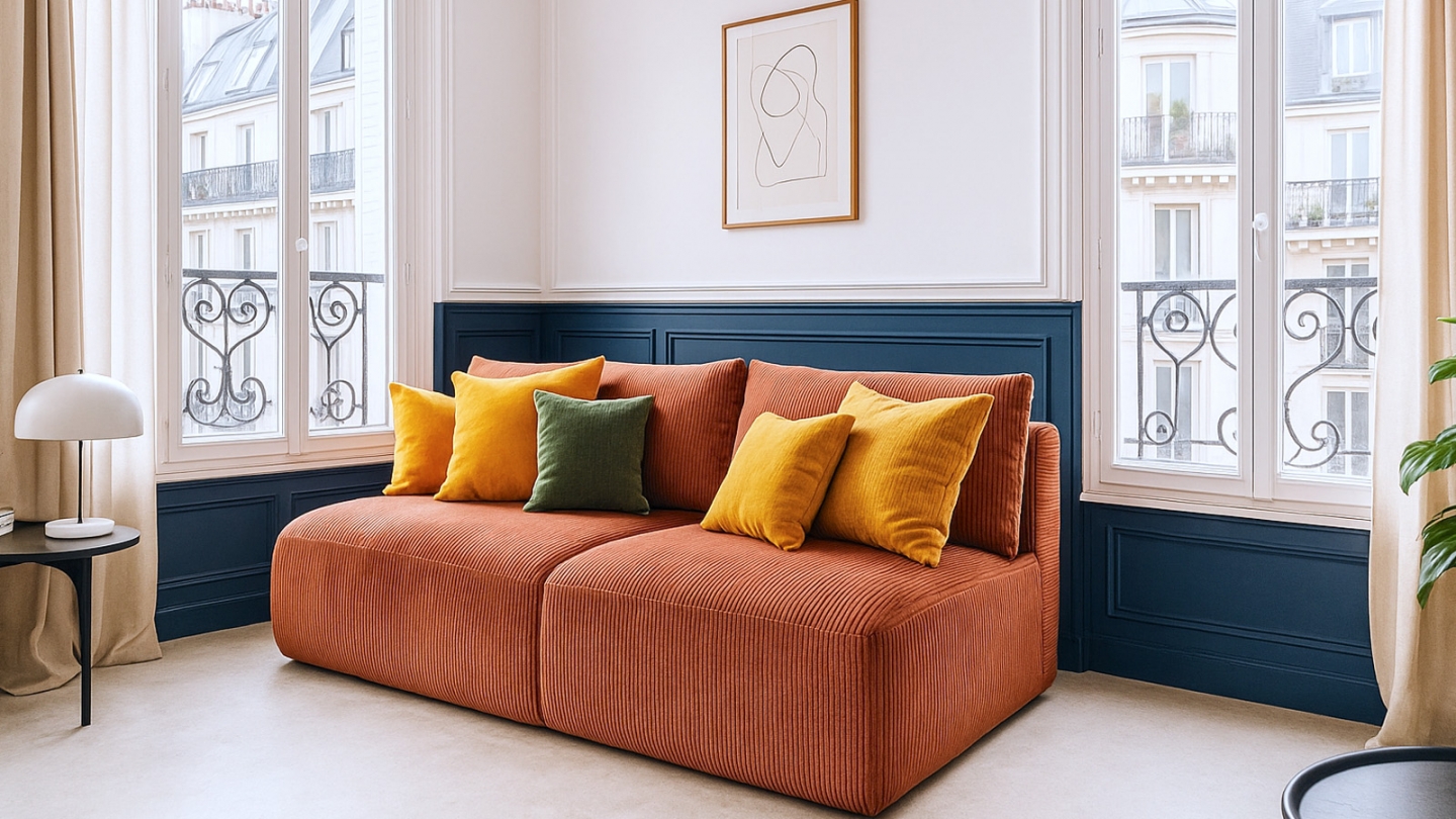 Canapé convertible 3 places avec coffre de rangement en velours côtelé rouille - Jasper