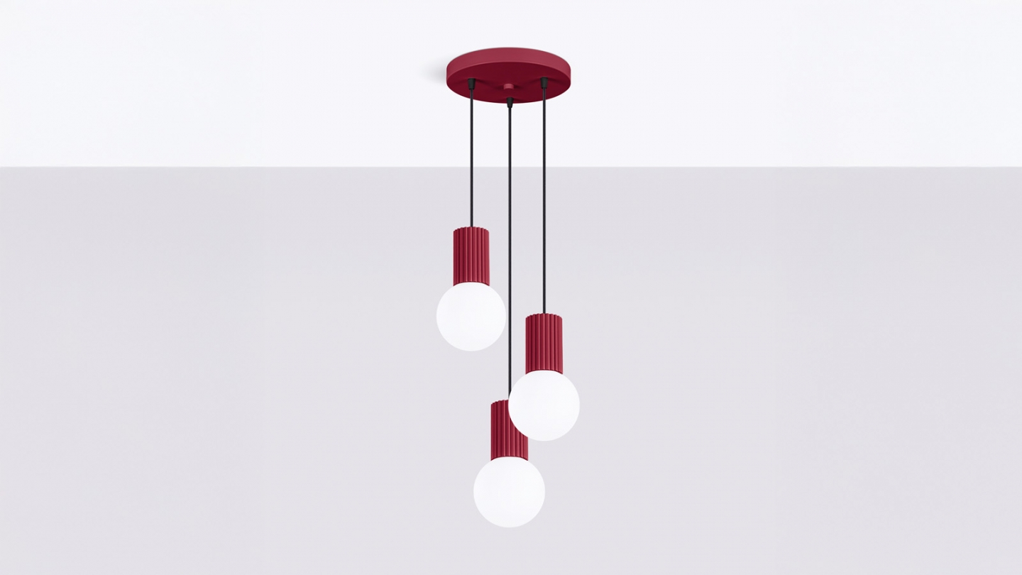 Suspension en aluminium cannelé 3 ampoules bordeaux - Halo