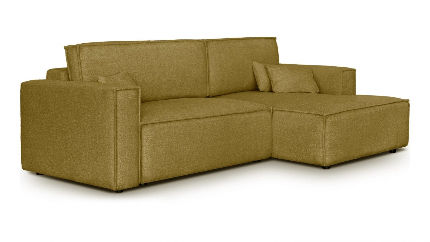 Canapé d'angle à droite convertible 3 places en tissu bouclé jaune moutarde - Asti