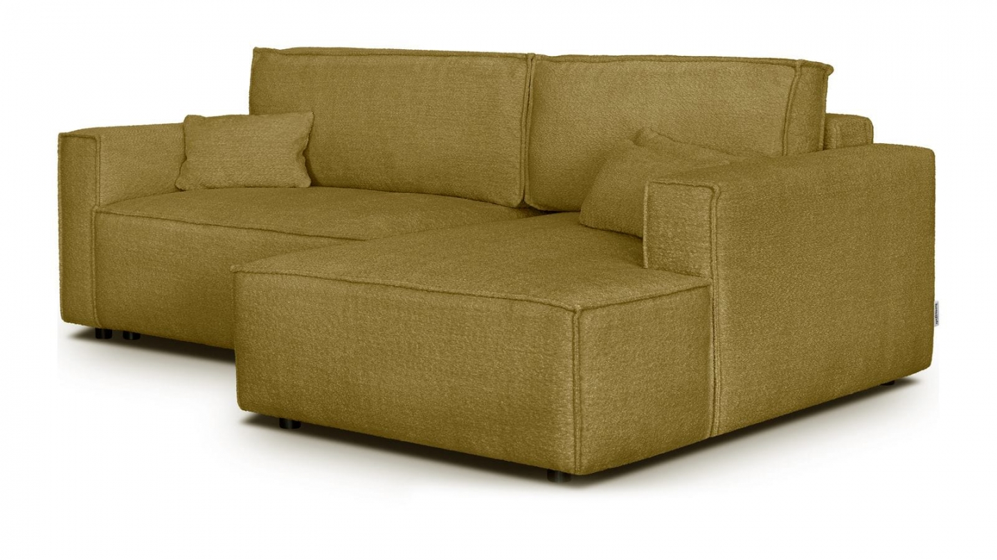 Canapé d'angle à droite convertible 3 places en tissu bouclé jaune moutarde - Asti