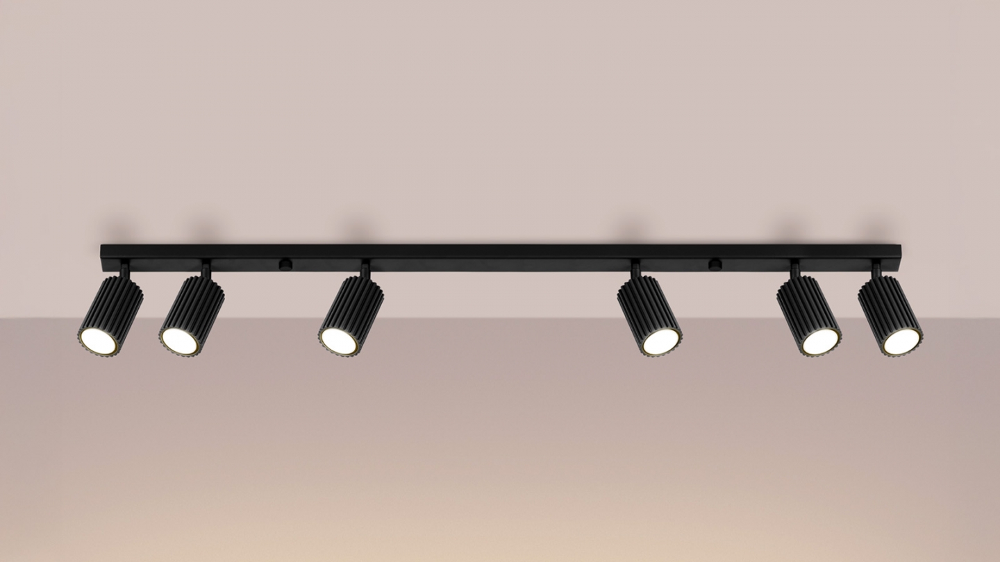 Plafonnier linéaire en aluminium cannelé 6 ampoules noir - Karbon Plafonnier linéaire en aluminium cannelé 6 ampoules noir - Karbon