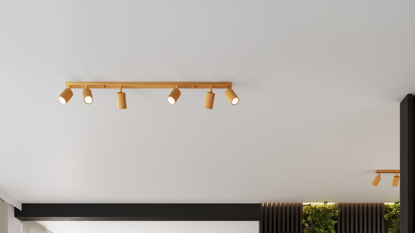 Plafonnier linéaire en aluminium cannelé 6 ampoules or - Karbon Plafonnier linéaire en aluminium cannelé 6 ampoules or - Karbon