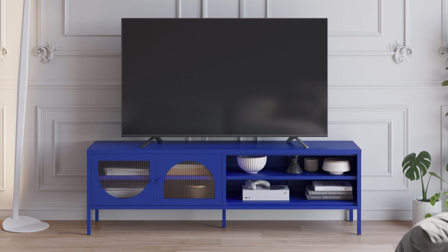 Meuble TV 2 portes 2 niches en métal bleu électrique 160 cm - Ysia