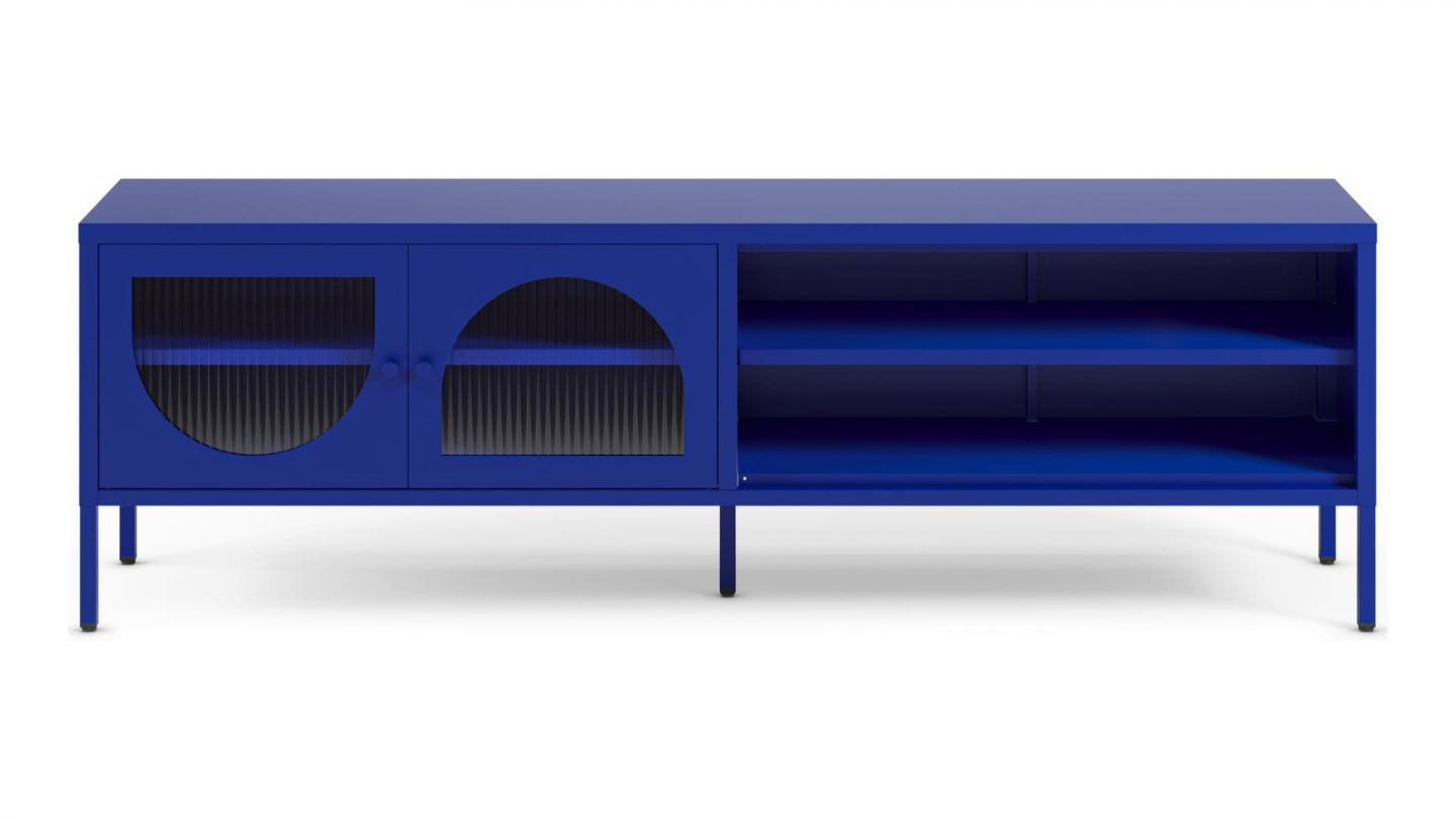 Meuble TV 2 portes 2 niches en métal bleu électrique 160 cm - Ysia
