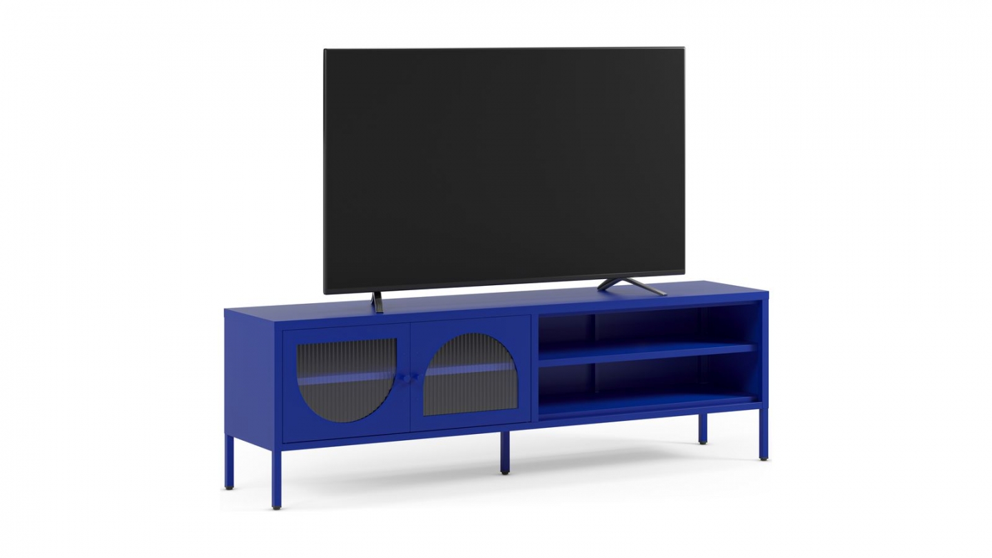 Meuble TV 2 portes 2 niches en métal bleu électrique 160 cm - Ysia