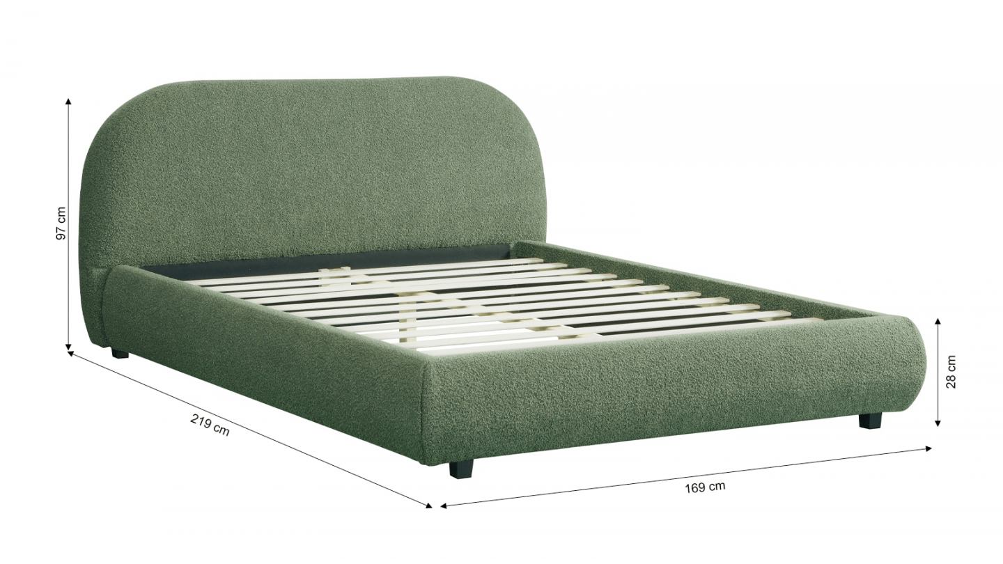 Lit adulte 140x190 cm avec sommier et tête de lit matelassée en tissu bouclé vert kaki - Maddie Lit adulte 140x190 cm avec sommier et tête de lit matelassée en tissu bouclé vert kaki - Maddie
