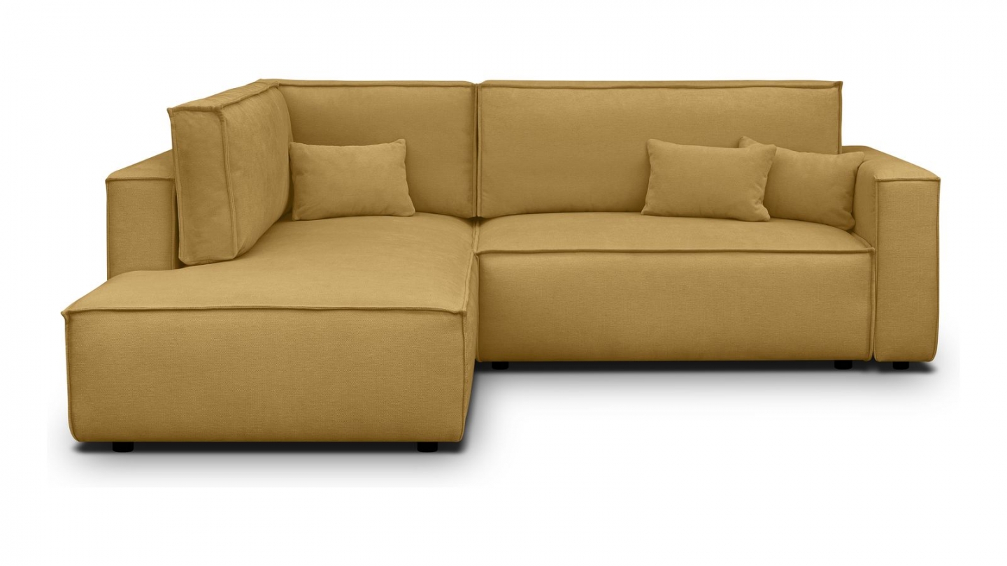 Canapé d'angle ouvert à gauche convertible 3 places en tissu chenille jaune moutarde - Emma
