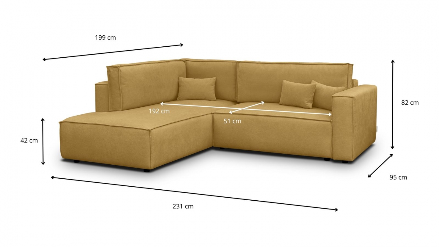 Canapé d'angle ouvert à gauche convertible 3 places en tissu chenille jaune moutarde - Emma