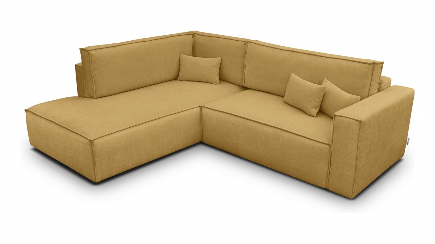 Canapé d'angle ouvert à gauche convertible 3 places en tissu chenille jaune moutarde - Emma