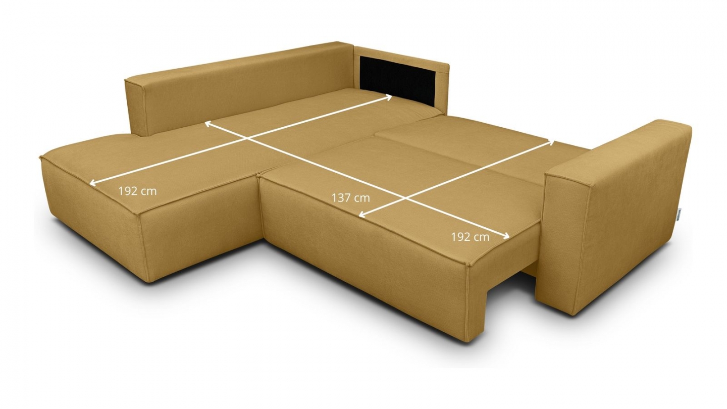 Canapé d'angle ouvert à gauche convertible 3 places en tissu chenille jaune moutarde - Emma