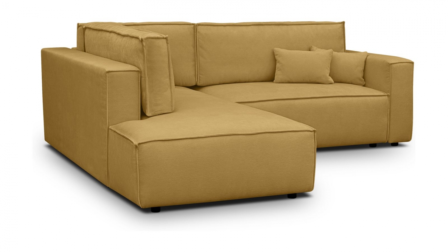 Canapé d'angle ouvert à gauche convertible 3 places en tissu chenille jaune moutarde - Emma