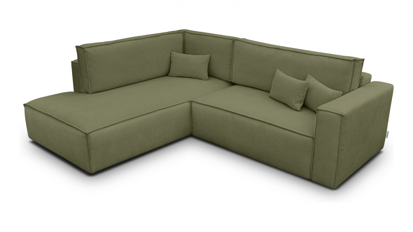 Canapé d'angle ouvert à gauche convertible 3 places en tissu chenille vert olive - Emma