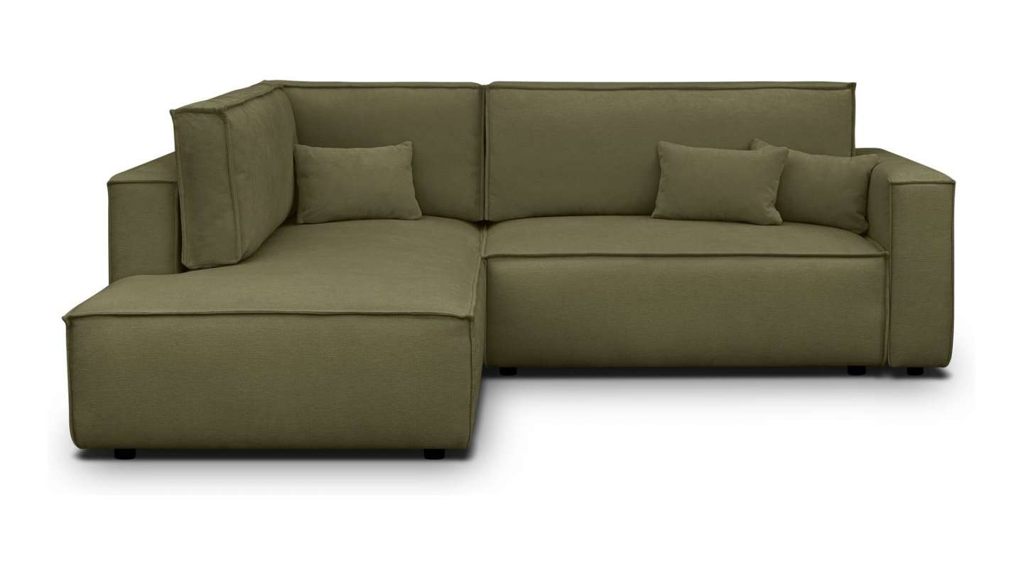 Canapé d'angle ouvert à gauche convertible 3 places en tissu chenille vert kaki - Emma