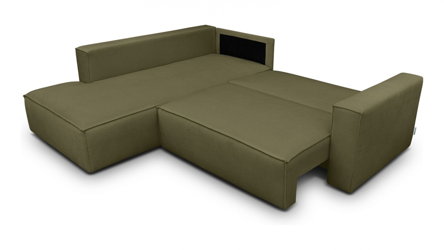 Canapé d'angle ouvert à gauche convertible 3 places en tissu chenille vert kaki - Emma