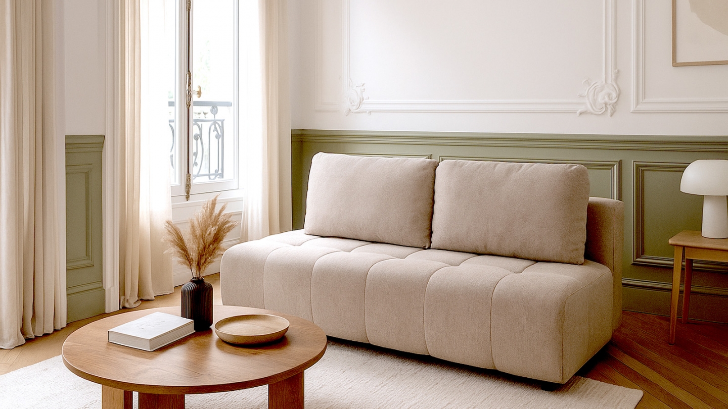 Canapé convertible 3 places en tissu beige - Sacha Canapé convertible 3 places en tissu beige - Sacha