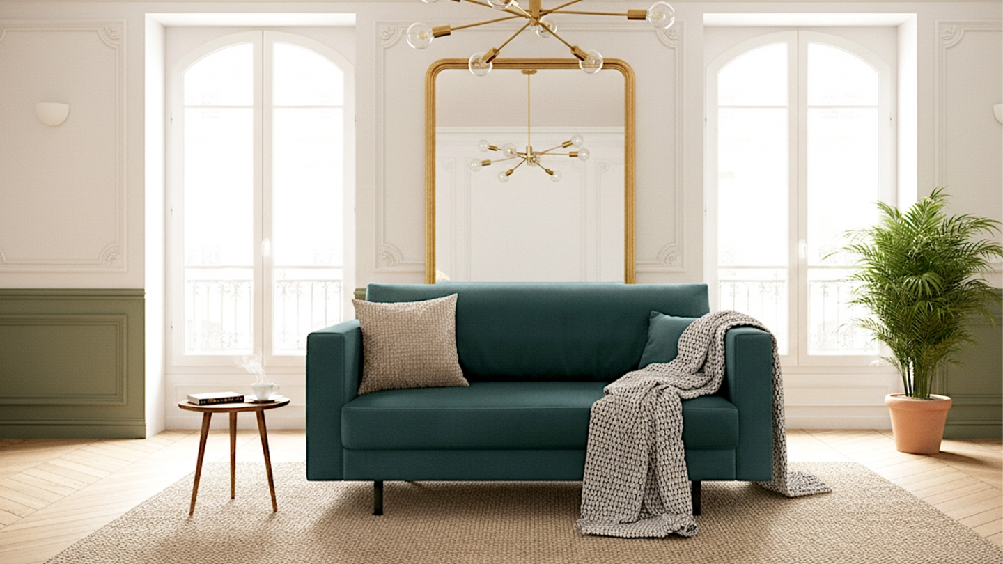 Canapé 2 places vintage en velours bleu - Pia