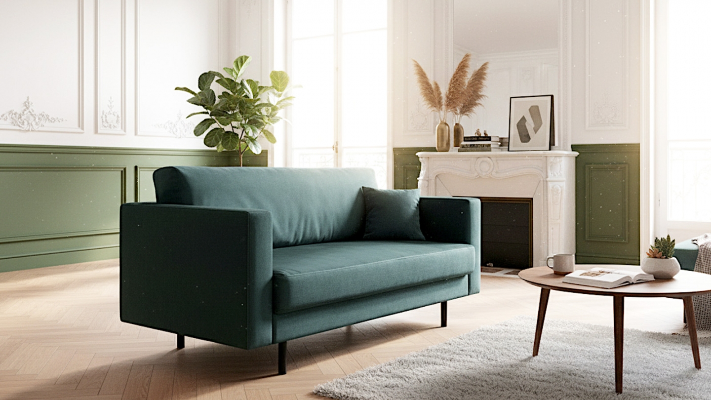 Canapé 2 places vintage en velours bleu - Pia