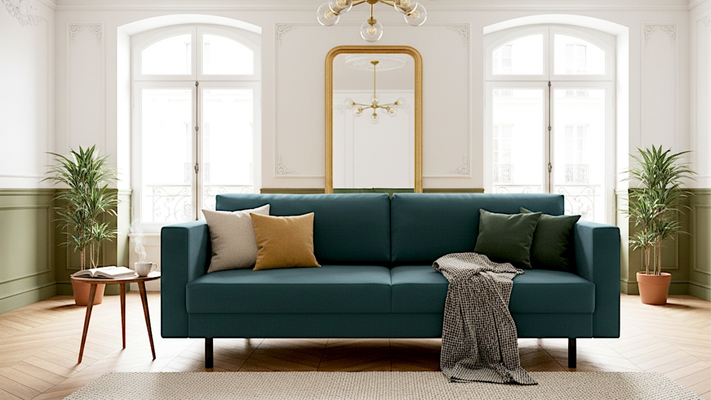 Canapé 3 places vintage en velours bleu - Pia