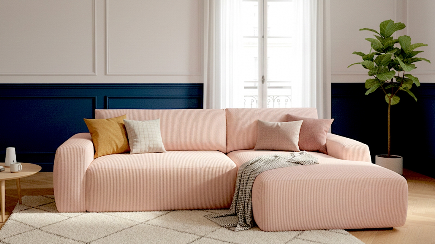 Canapé d'angle droit convertible 3 places en velours côtelé rose pâle - Sonny Canapé d'angle droit convertible 3 places en velours côtelé rose pâle - Sonny