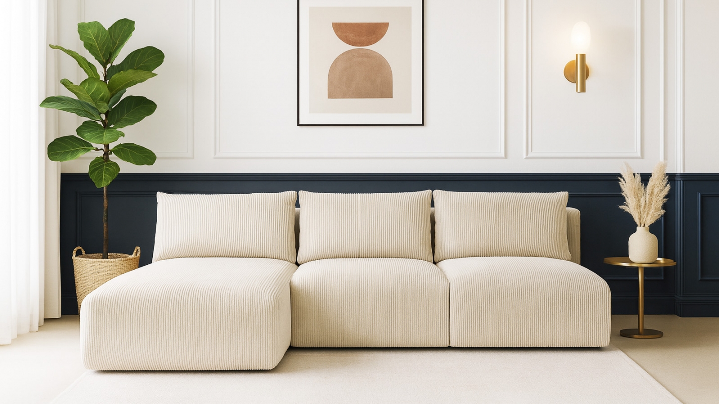 Canapé d'angle à gauche convertible 4 places avec coffre de rangement en velours côtelé beige - Jasper