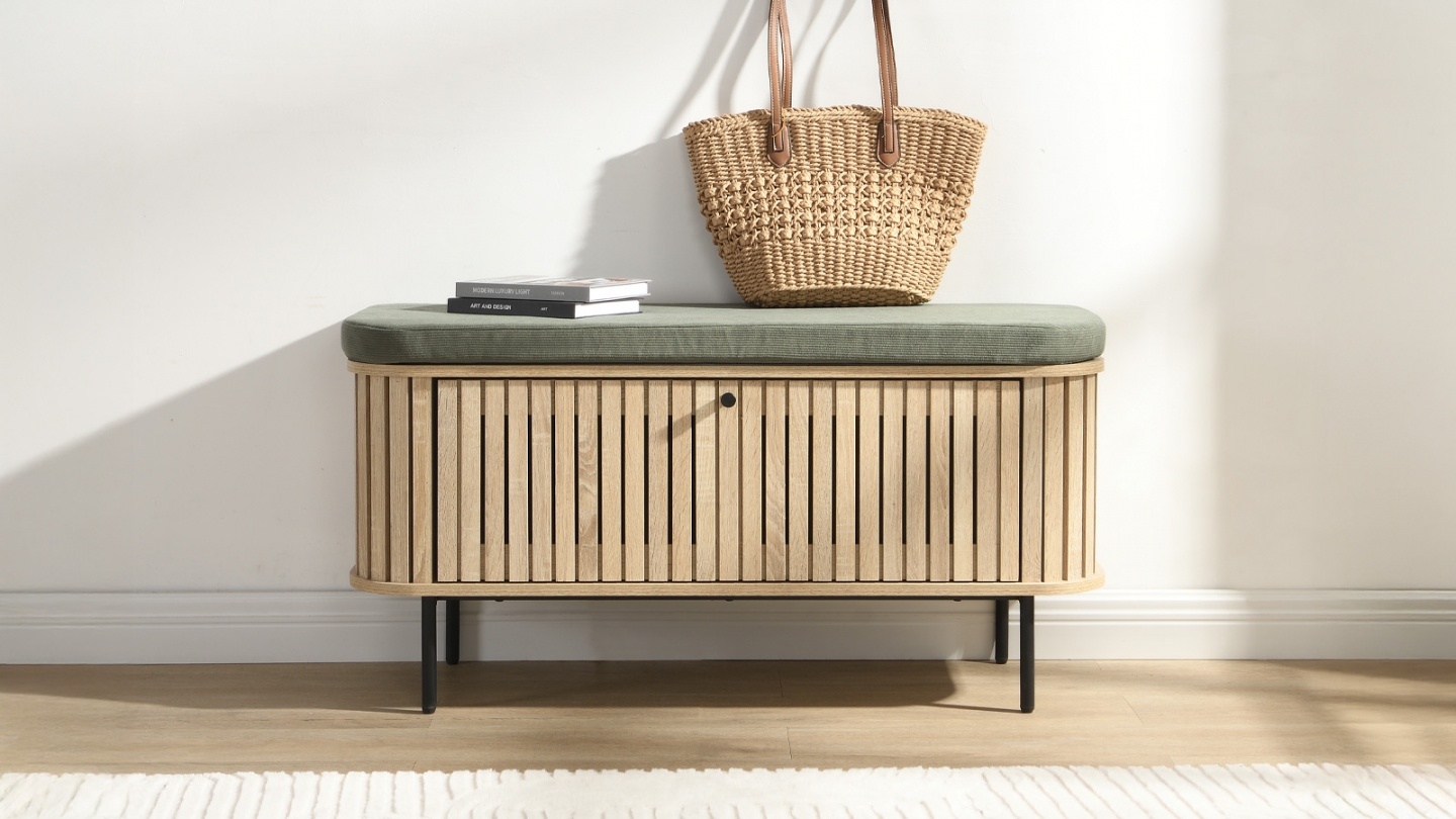 Banc d'entrée avec rangement chaussures en bois couleur chêne 100 cm - Solna Banc d'entrée avec rangement chaussures en bois couleur chêne 100 cm - Solna