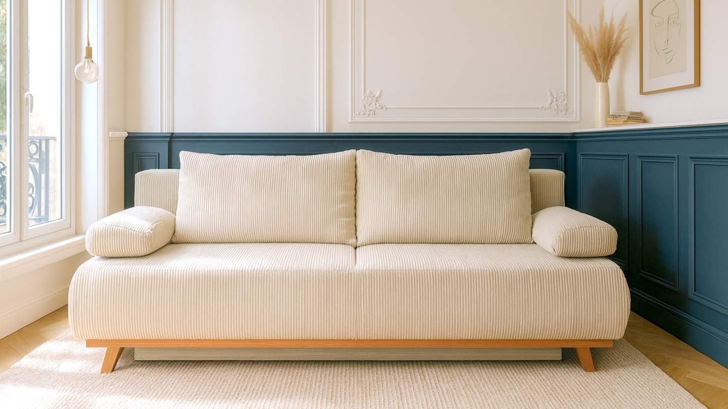 Canapé convertible 3 places avec coffre de rangement en velours côtelé beige - Laria Canapé convertible 3 places avec coffre de rangement en velours côtelé beige - Laria