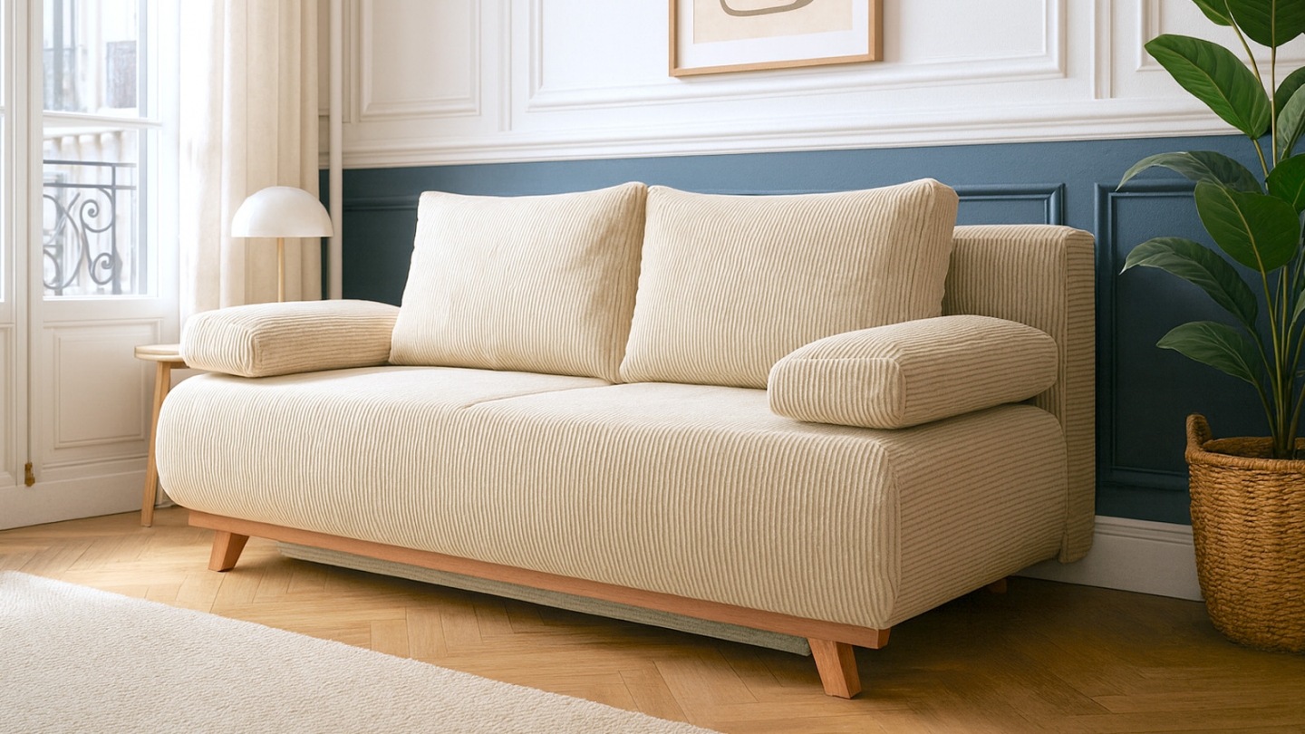 Canapé convertible 3 places avec coffre de rangement en velours côtelé beige - Laria Canapé convertible 3 places avec coffre de rangement en velours côtelé beige - Laria