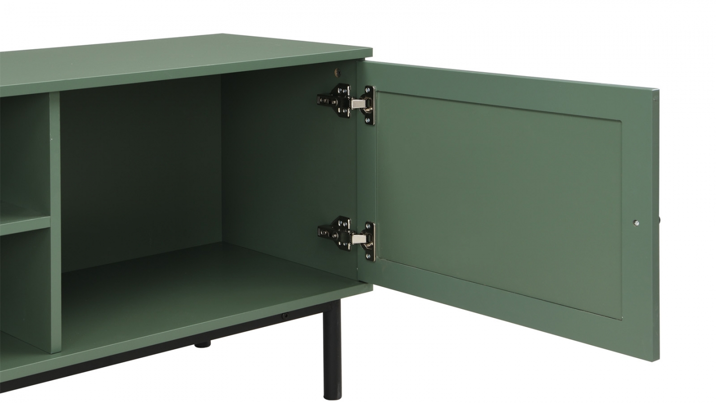Meuble TV 2 portes bicolore vert / cannage L160xP40HH55 cm - Luma