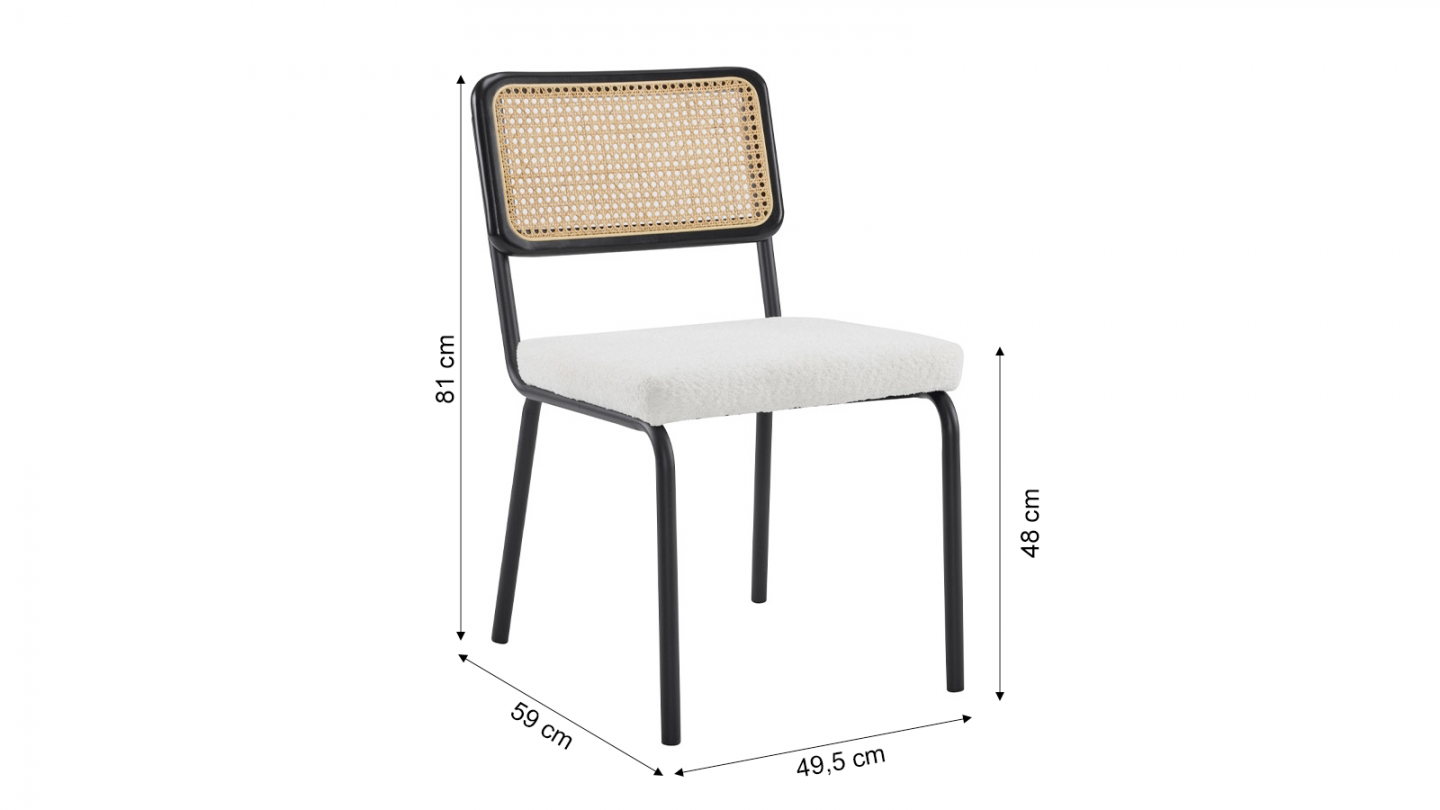 Lot de 2 chaises en acier et bois noir, cannage naturel et tissu bouclé beige - Paula Lot de 2 chaises en acier et bois noir, cannage naturel et tissu bouclé beige - Paula