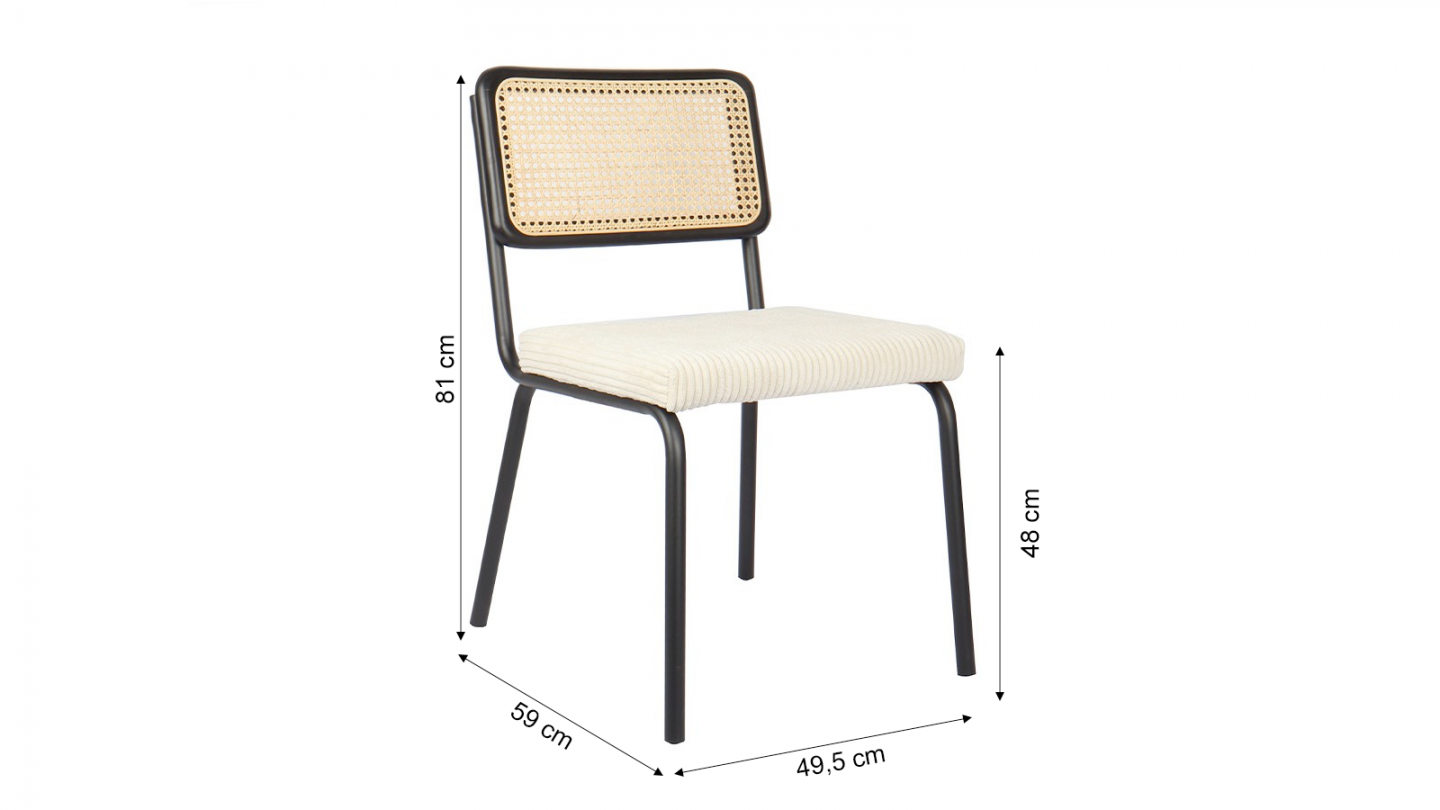 Lot de 2 chaises en cannage velours côtelé beige et métal noir - Paula