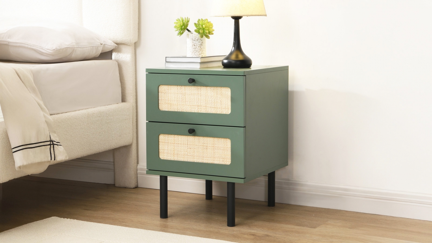 Table de chevet 2 tiroirs bicolore vert / cannage L40xP40xH55 cm - Luma