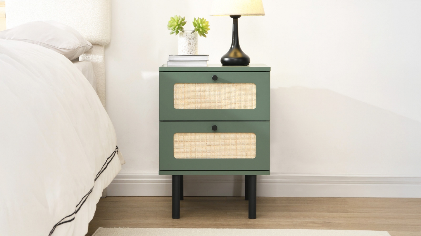 Table de chevet 2 tiroirs bicolore vert / cannage L40xP40xH55 cm - Luma