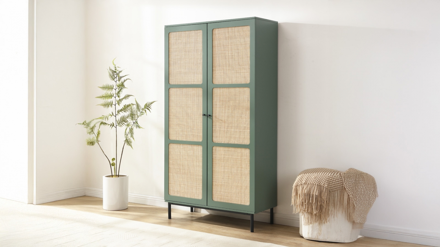 Armoire 2 portes bicolore vert / cannage L100xP40xH185 cm - Luma